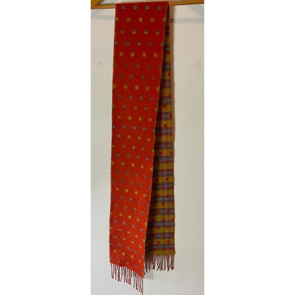 V. Fraas Cashmink Polka Dot & Plaid Reversible Scarf 80” Gold Orange Blue Plaid - Picture 3 of 6